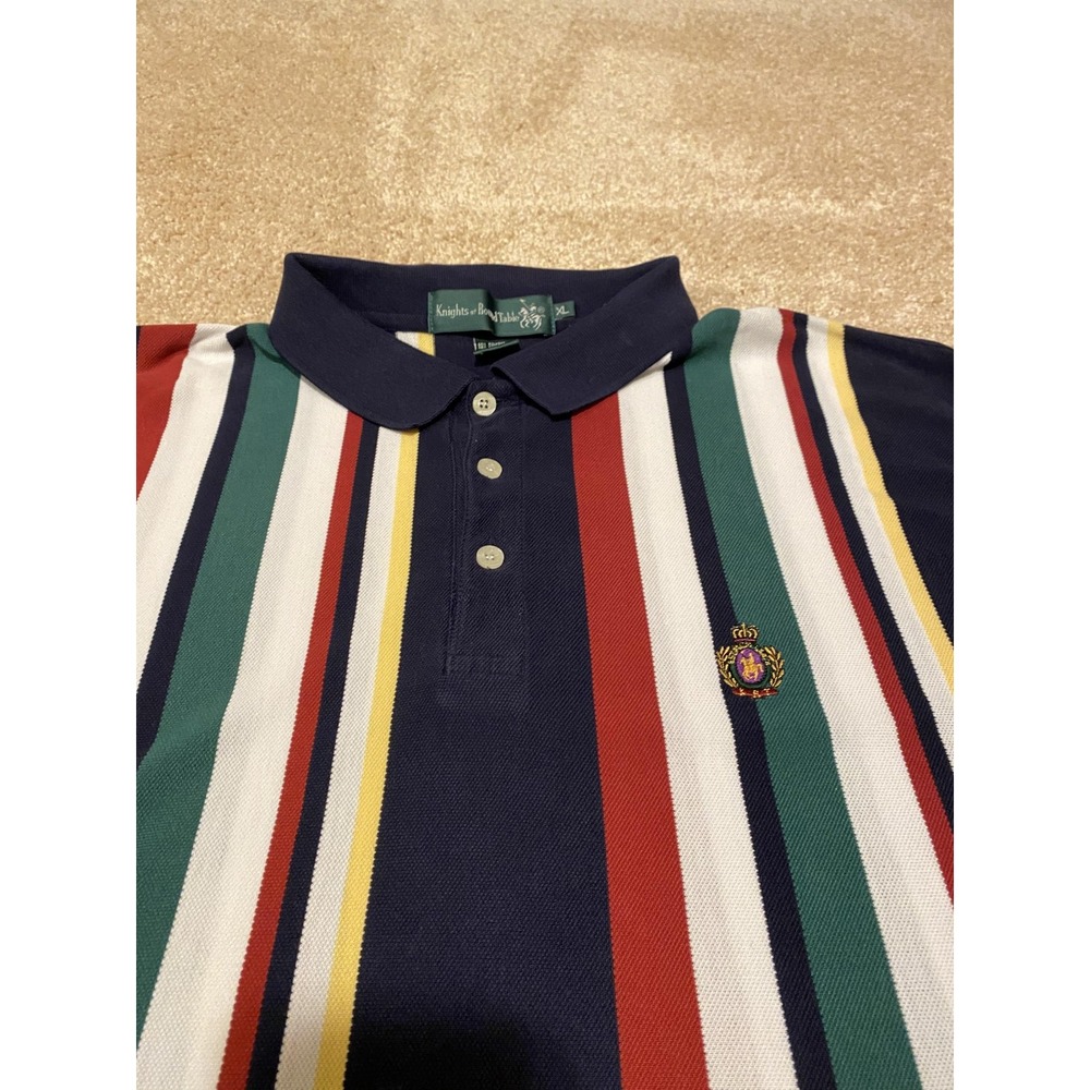 Vintage Knights of Round Table Polo Shirt Mens XL Multicolor Stripe Crest 90s - Picture 2 of 9
